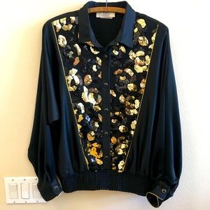 Vintage I. Magnin Jamboree of NY Black Blouse Gold trim & sequins USA L/XL